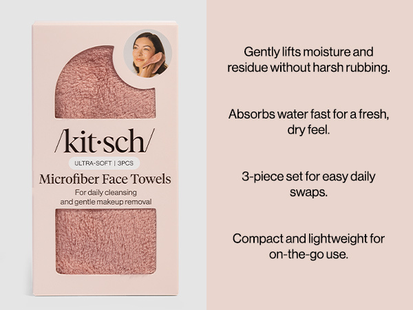 Kitsch Microfiber Face Towels 3pc Set | Clean Towels for Face - Terracotta, Reusable Microfiber Face Cloth for Daily Use, Facial Towel, Gentle Cleanse Face Wipes Alternative, Absorbent Quick Dry Cloths