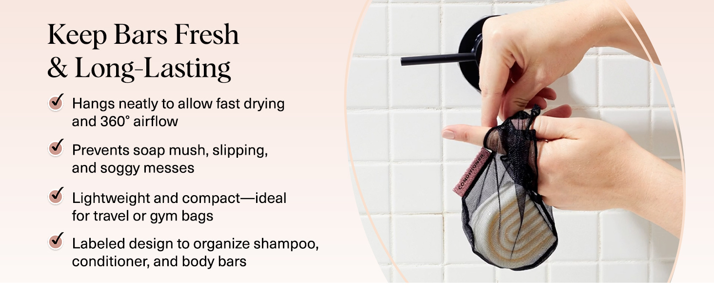 Kitsch Soap Saver Bag &ndash; Patented Mesh Bag Soap Holder &ndash; Black - for Shampoo and Conditioner Bars &ndash; Extends Use & Prevents Soggy Mess &ndash; Recycled Beauty Mesh Pouch, Eco-Friendly