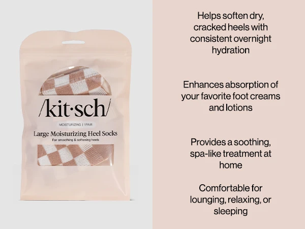 Kitsch Large Moisturizing Heel Socks - Terracotta Checker Moisturizing Heel Socks for Women & Men, Overnight Foot Masks with Insulated Gel Lining for Cracked Heels, Open-Toe Design