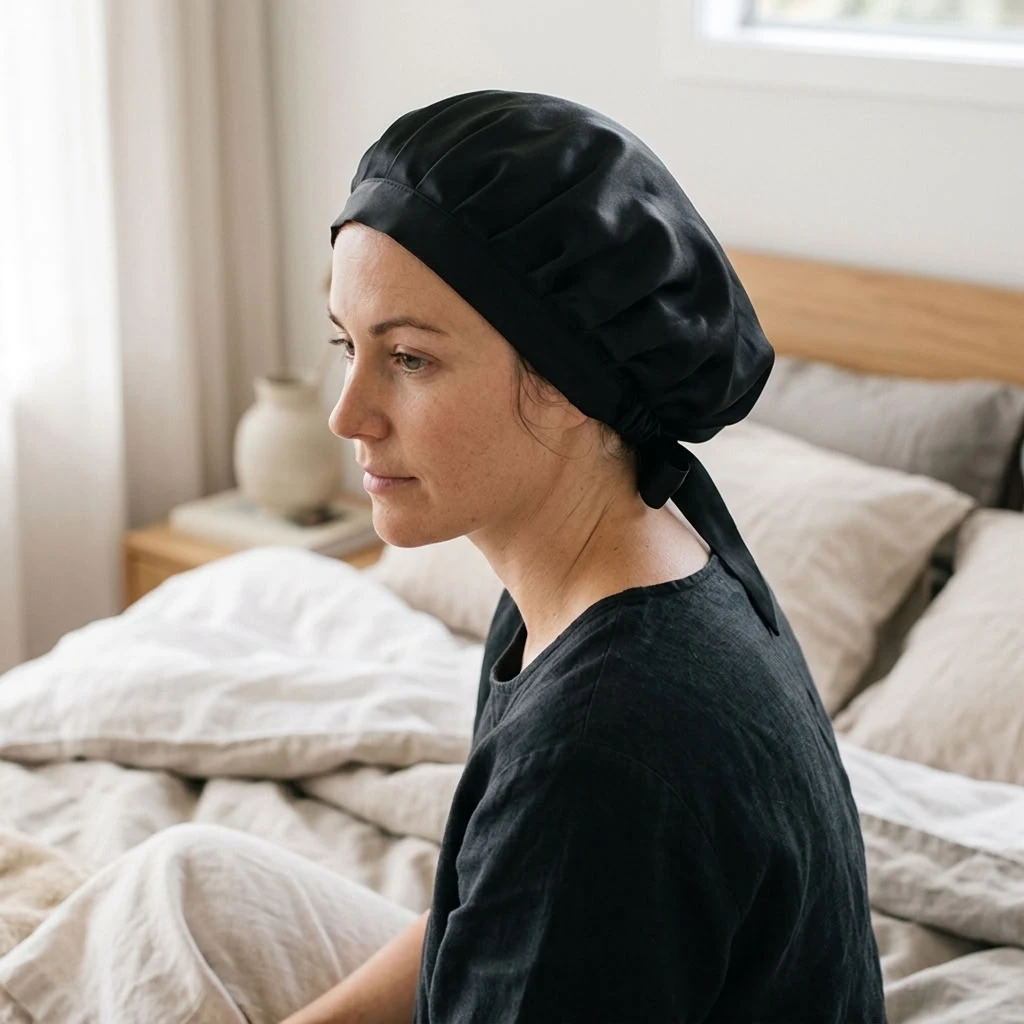 Woman wearing Zulfees Black Silk Bonnet during her hair-care routine