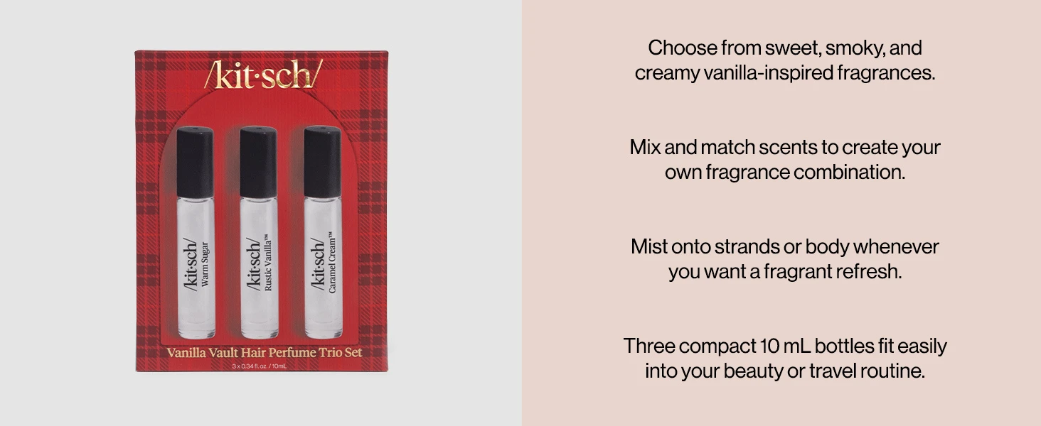 Kitsch Trio Vanilla Vault Hair Perfume for Women - Hair Spray & Body Mist, Clean, Deodorizing & Patented Odor-Eliminating Technology – Freshen Hair, Body & Pillows – Made in USA – 3x10mL