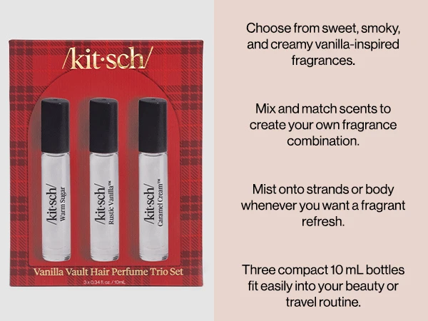 Kitsch Trio Vanilla Vault Hair Perfume for Women - Hair Spray & Body Mist, Clean, Deodorizing & Patented Odor-Eliminating Technology – Freshen Hair, Body & Pillows – Made in USA – 3x10mL