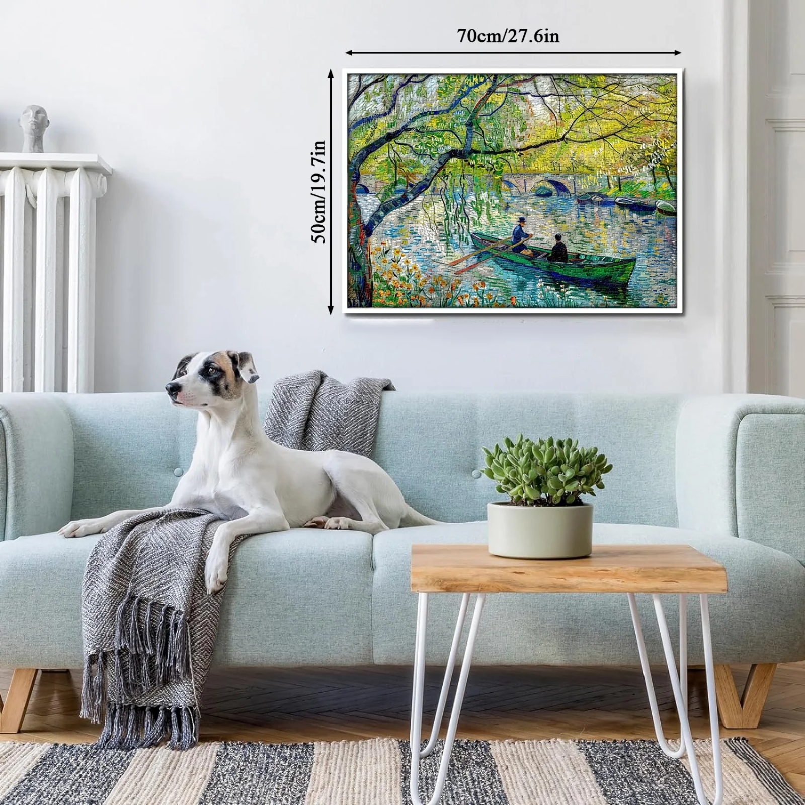 27.6*19.7in/(70*50cm). Spring lake tour puzzles 1000 pieces comes with exquisite box and high-resolution poster. And the poster can as a reference for puzzles.