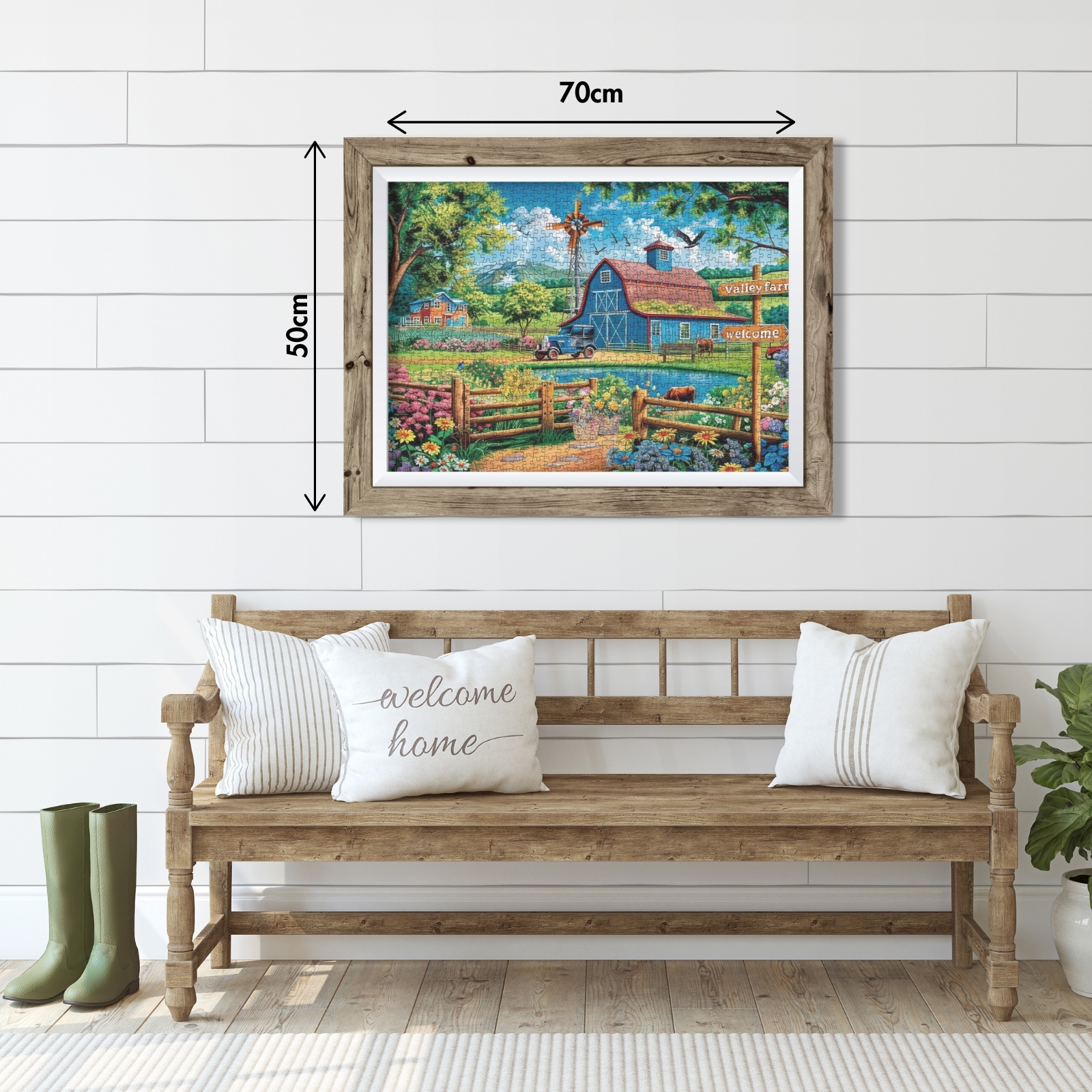 Sunshine Valley Farm 1000 piece jigsaw puzzle, a reference poster, and exquisite box packaging. Finished size: 27.6 x 19.7 inches (70 x 50 cm), featuring lettered sections on the puzzle's back.