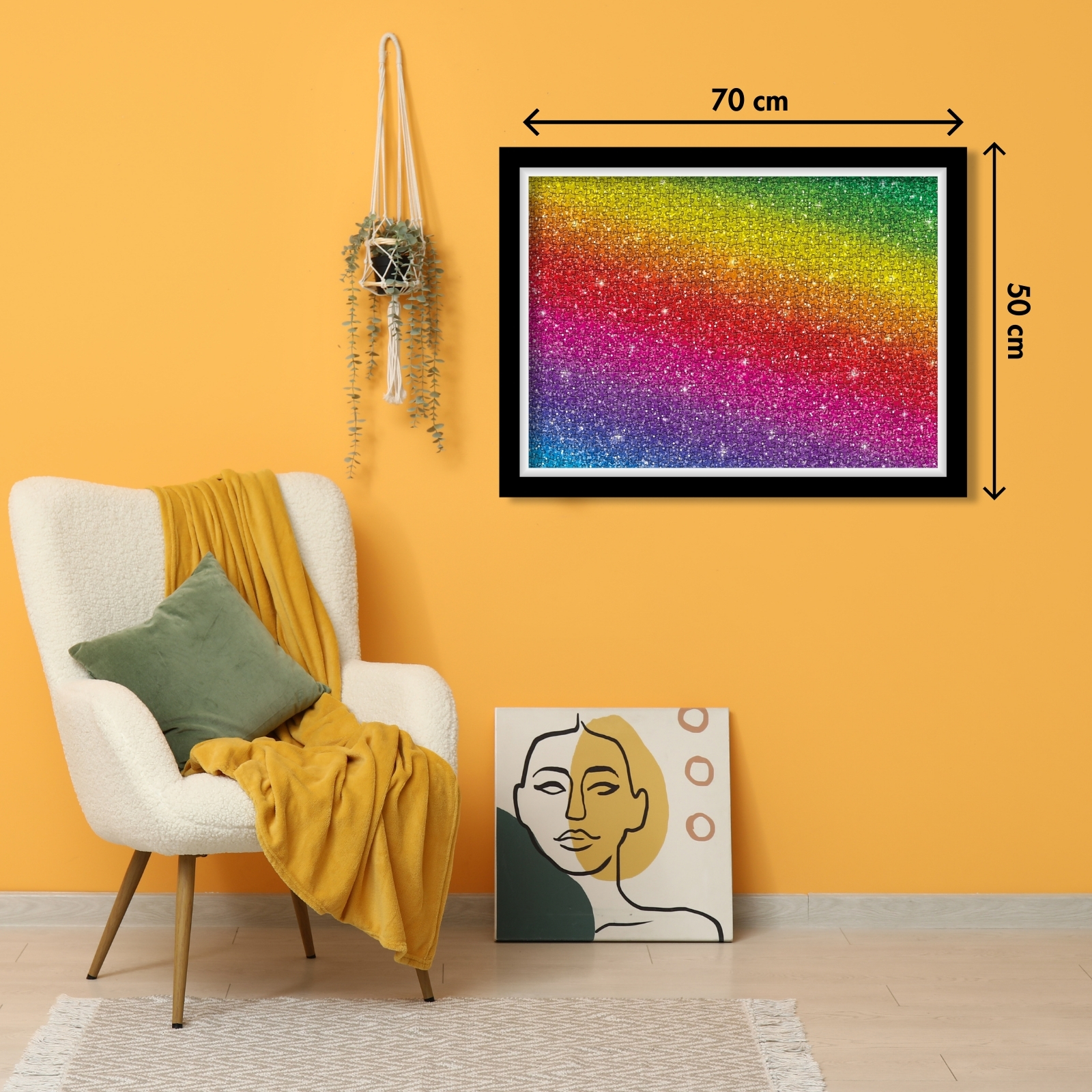 Unbox the joy with our 1000-piece Glitter puzzle set, thoughtfully packaged in a sturdy box along with a clear poster. Once assembled, witness the stunning dimensions of 27.6 x 19.7 inches (70x50 cm).