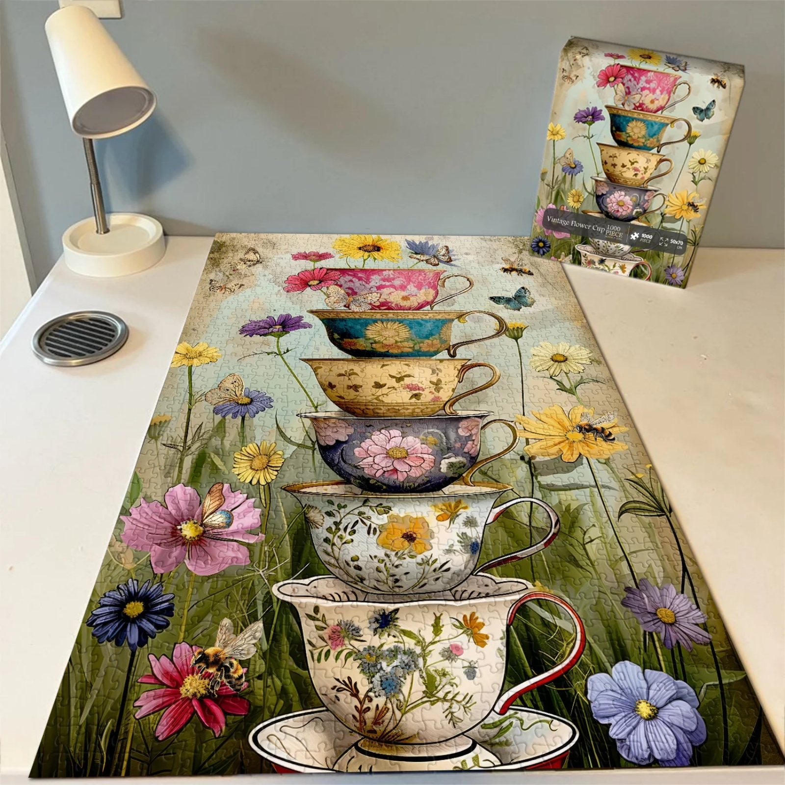 Vintage flower cup 1000 piece puzzle made of 100% recycled thicken cardboard, vivid print with organic ink and precise fit without puzzle dust. Sturdy pieces would ensures many times of assemble without bent or deformation.