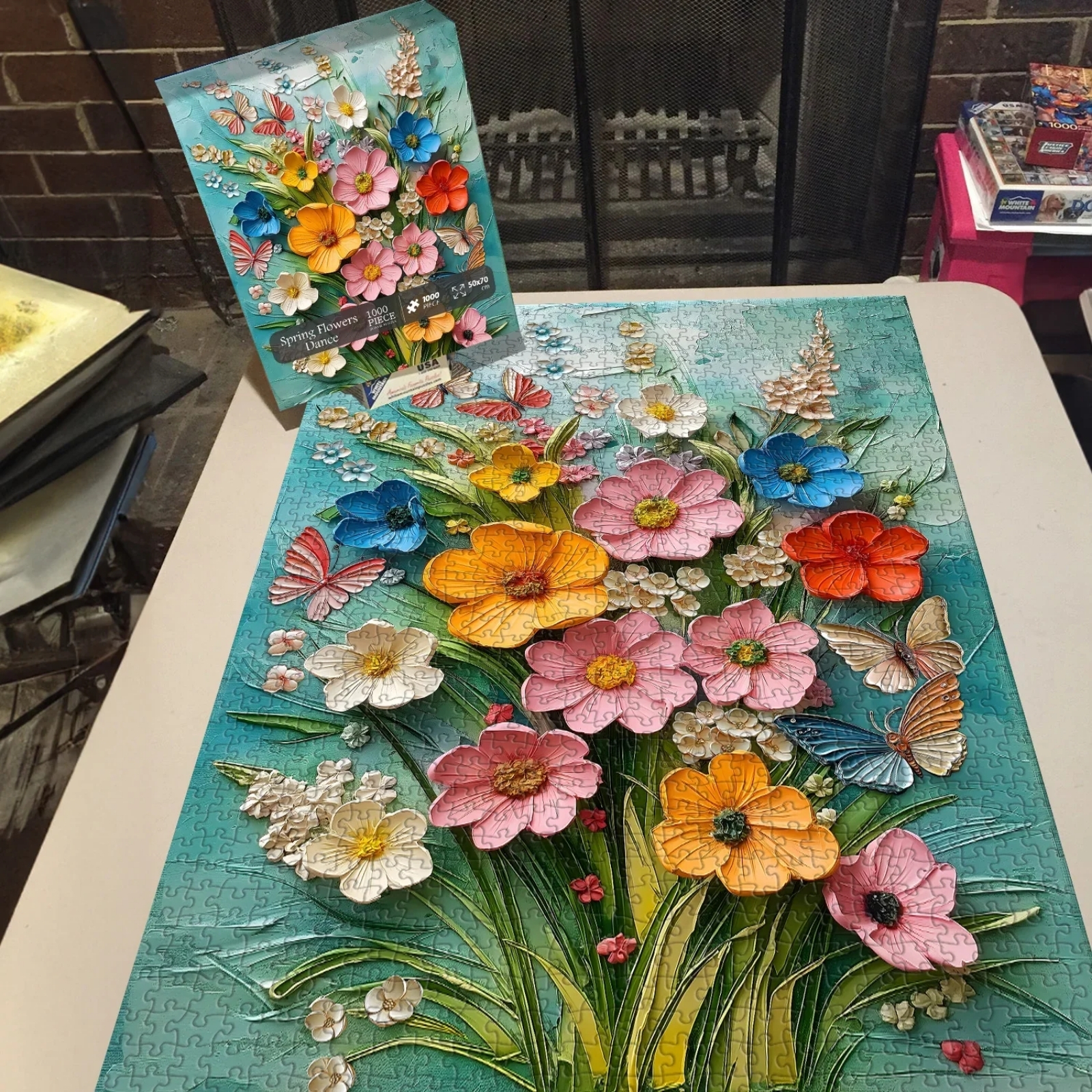 Spring flowers dance 1000 piece jigsaw puzzle for adults - The puzzle showcases intricate details of blooming flowers and gracefully flying butterflies. Every petal and wing is thoughtfully designed to capture the beauty of nature, making the completed image a beautiful, almost tangible piece of art.