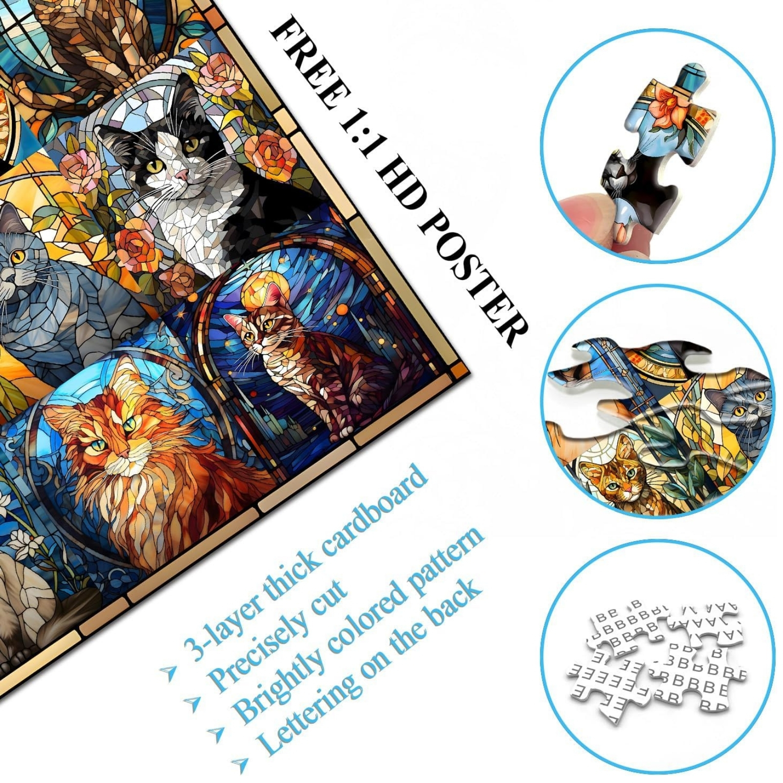 Stained Glass Cat 1000 Piece Jigsaw Puzzle for Adults - The difficult puzzles cat is made of three-layer cardboard and printed with no-glare