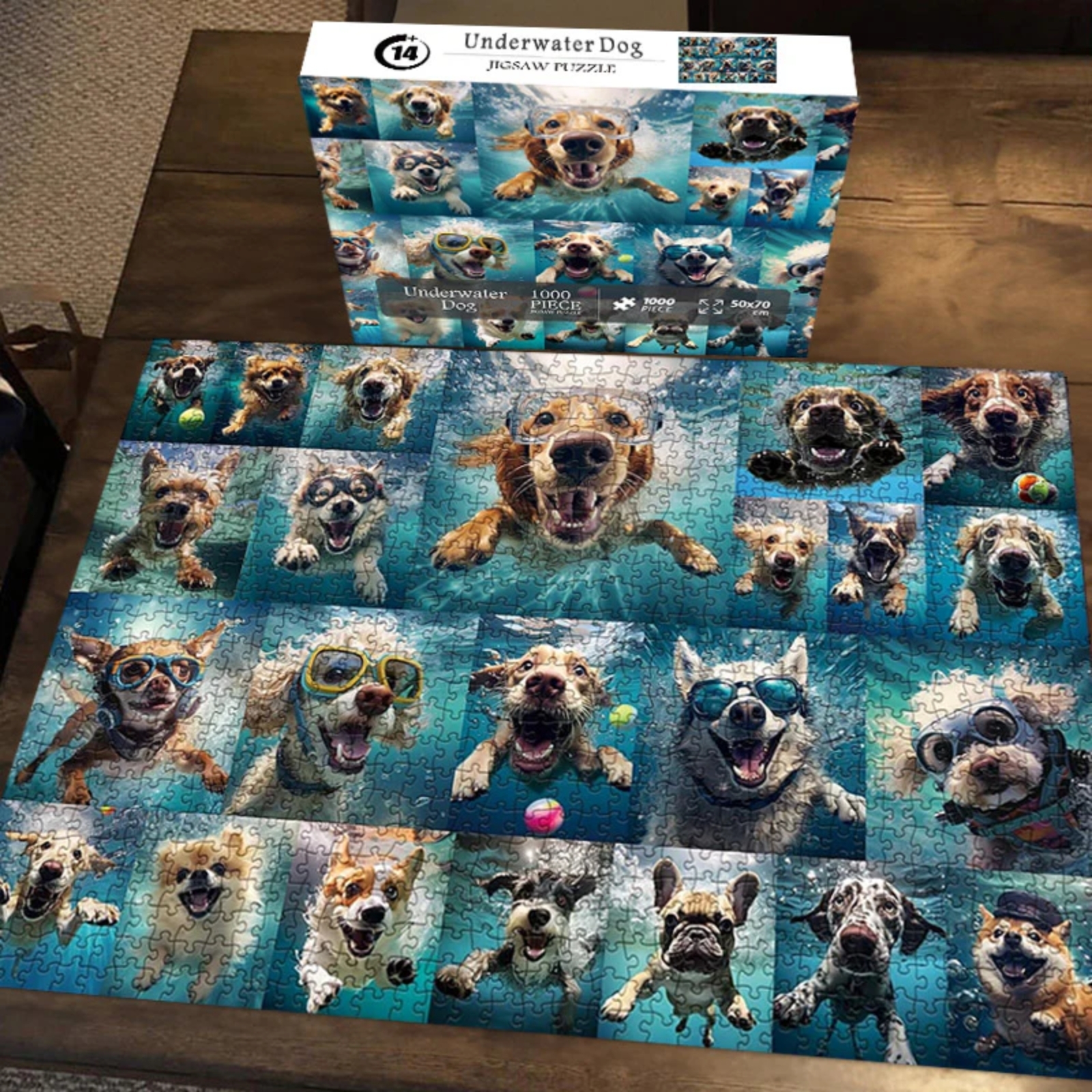 Underwater Dogs 1000 Piece Jigsaw Puzzle - Triple-Layer White Cardboard: Enjoy seamless fitting, crisp printing, and vibrant colors on three layers of high-quality white cardboard. Say goodbye to puzzle ashes; The 1000 piece puzzle promises clarity and brilliance.
