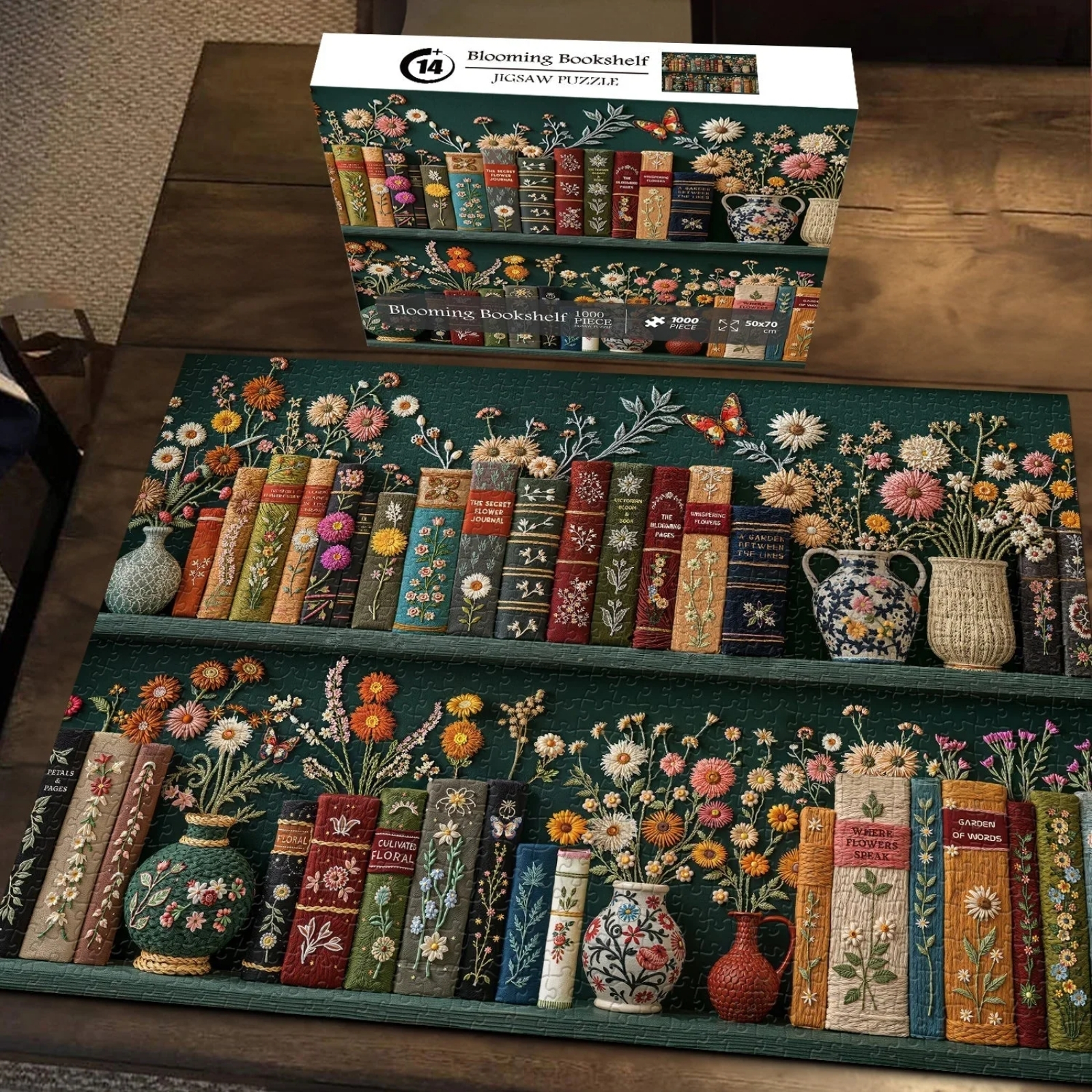 Blooming Bookshelf 1000 Piece Jigsaw Puzzle for Adults: A beautifully stitched bookshelf featuring vibrant books, delicate vases, and blooming flowers. Every detail is meticulously crafted for a luxurious and artistic touch.