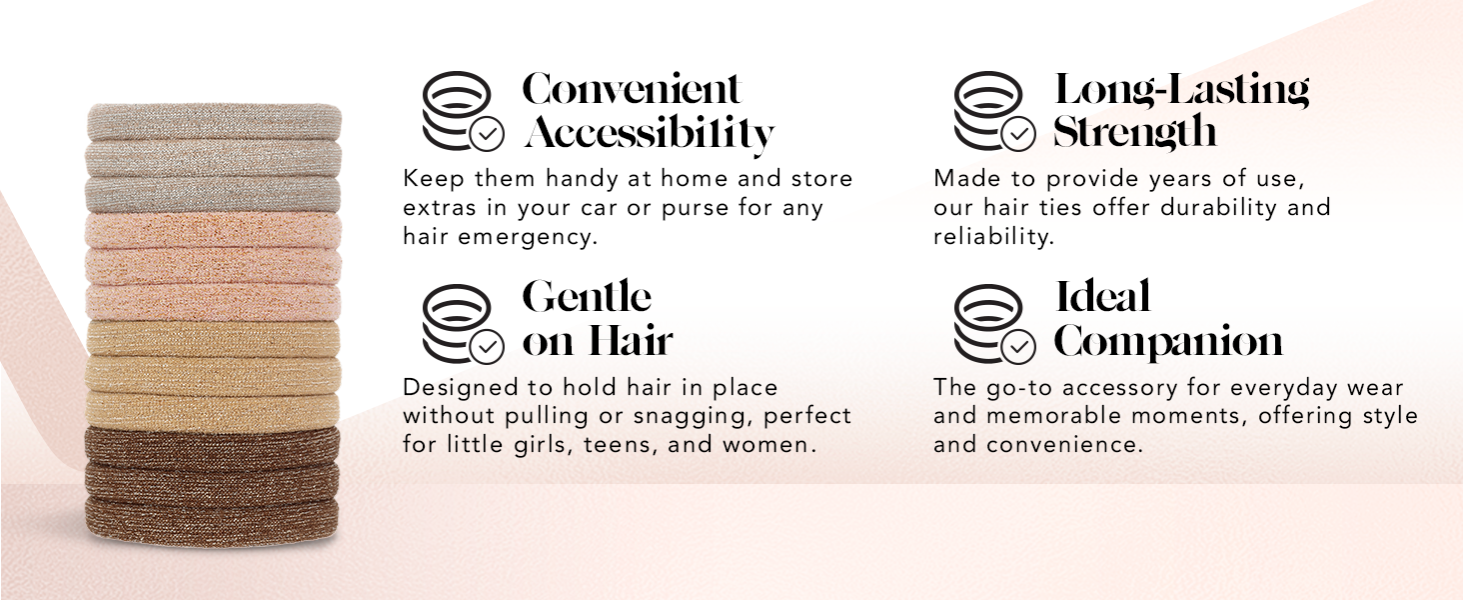 Kitsch Hair Ties No Damage - Strong, Stretchy Hair Bands, Recycled Nylon Glitter Medium Elastics 12pc - Neutral