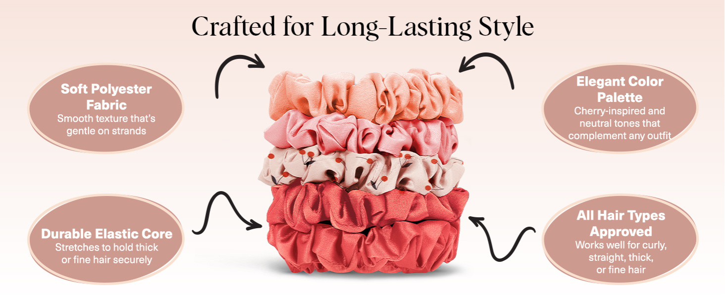 Kitsch Satin Scrunchies No Crease Hair Ties for All Hair Types 5pc Set - Assorted Cherry Blossom