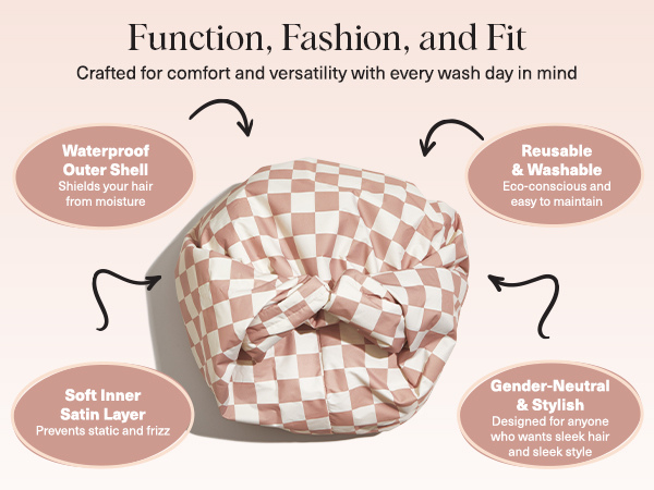 Kitsch Luxury Shower Caps for Women Reusable Waterproof - Flexi Satin Lined, Large Wide Shower Cap for Women & Men, Adjustable, Stylish Hair Cap for Shower, For Long & Short Hair - Terracotta Checker