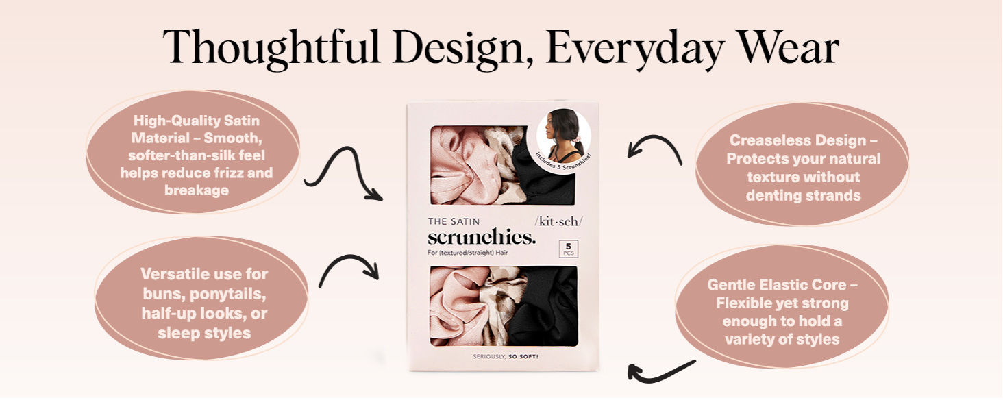 Kitsch Satin Scrunchies for Women - Softer Than Silk Scrunchies | Hair Ties No Damage for Frizz-Free Sleep | Ideal Gifts for Women, Assorted, 5pcs