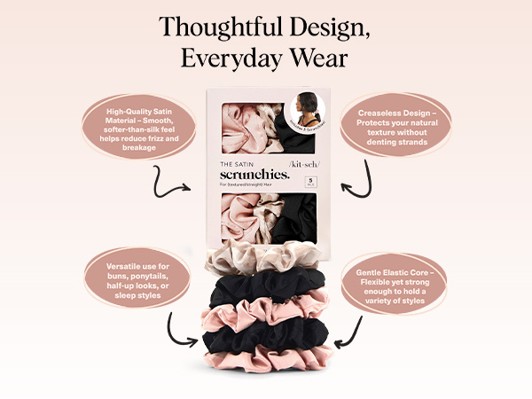 Kitsch Satin Scrunchies for Women - Softer Than Silk Scrunchies | Hair Ties No Damage for Frizz-Free Sleep | Ideal Gifts for Women, Assorted, 5pcs