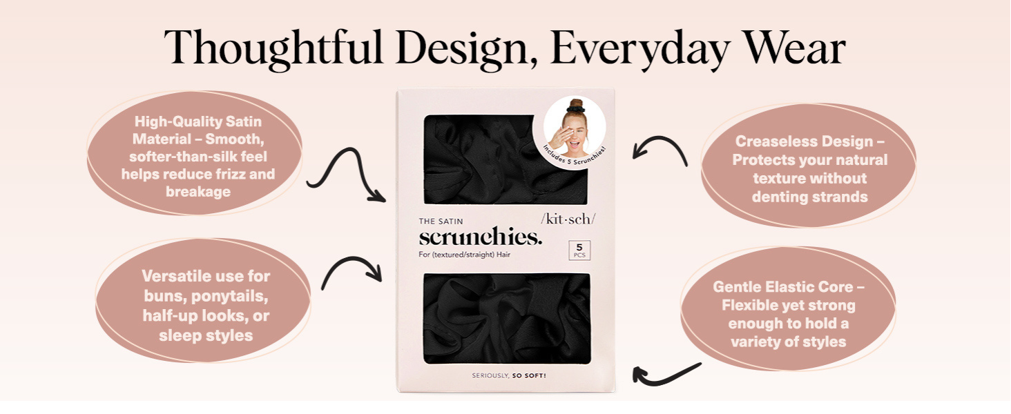 Kitsch Satin Scrunchies for Women – No Crease Hair Ties – Soft Satin Hair Scrunchies for Girls – Frizz Free, Gentle, Stylish Hair Accessories | Ideal Gifts for Women – Black, 5 pcs