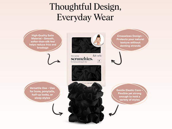 Kitsch Satin Scrunchies for Women – No Crease Hair Ties – Soft Satin Hair Scrunchies for Girls – Frizz Free, Gentle, Stylish Hair Accessories | Ideal Gifts for Women – Black, 5 pcs
