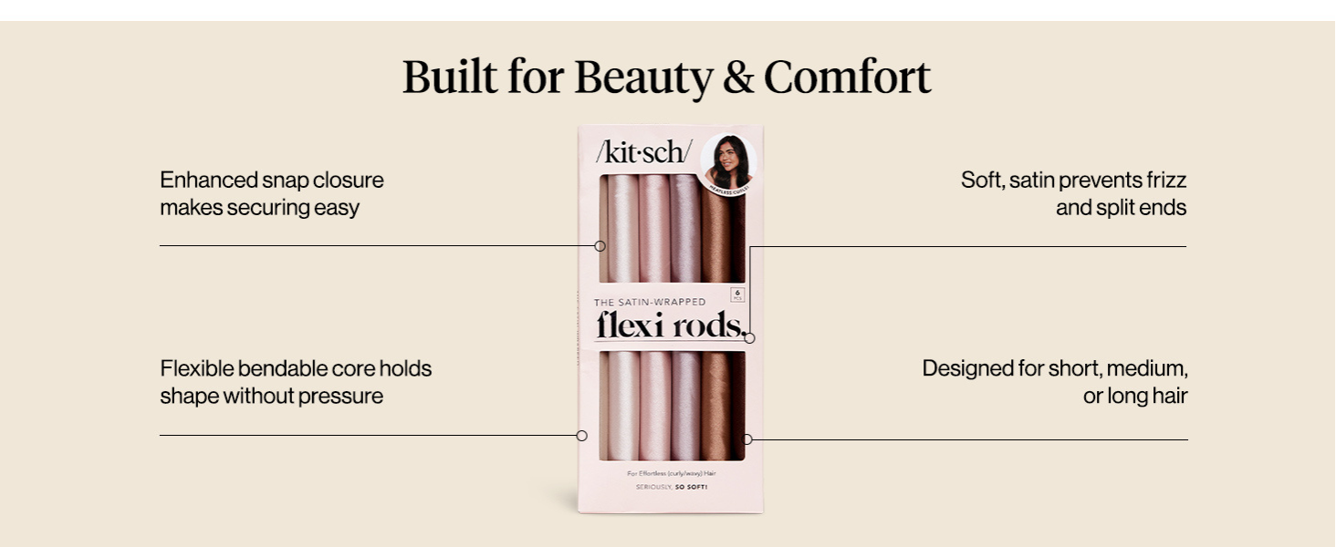 Kitsch Satin Heatless Hair Curlers &ndash; No Heat Hair Curlers to Sleep In for Overnight Curls &ndash; Soft Heatless Curling Rods for Women with Short & Long Hair - Alternative to Heat Styling &ndash; 6 pcs, Rosewood