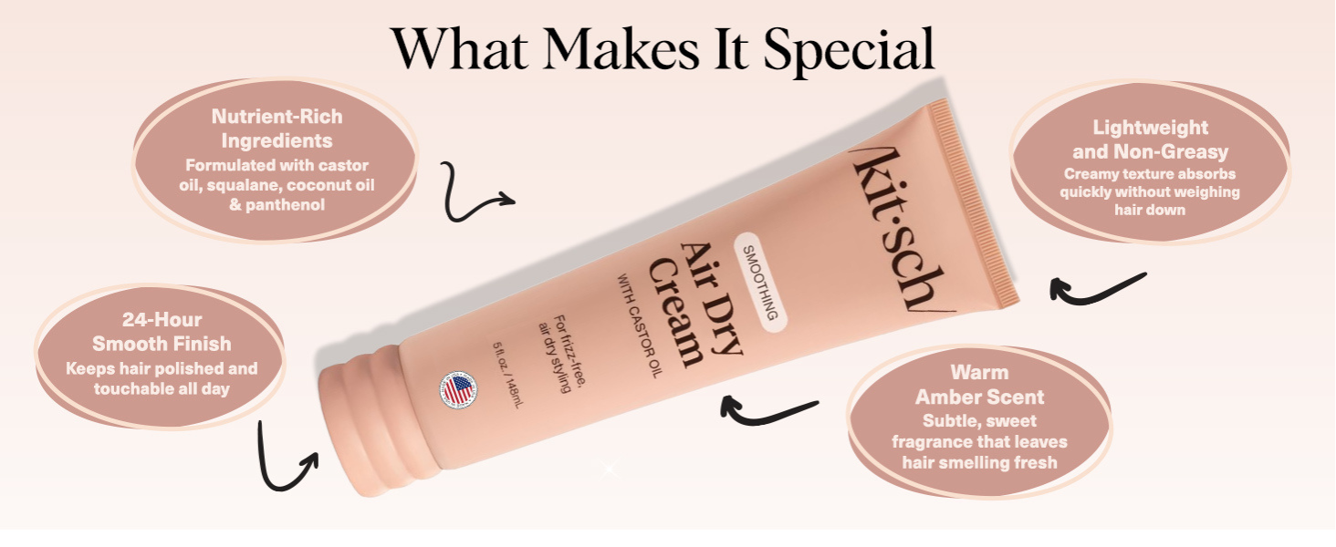 Kitsch Smoothing Air Dry Cream for Hair – Frizz Control Hair Care Product with Castor Oil & Coconut Oil – Weightless Styling Cream - Enhances Natural Texture Appearance | Ideal Gifts for Women – 5 oz