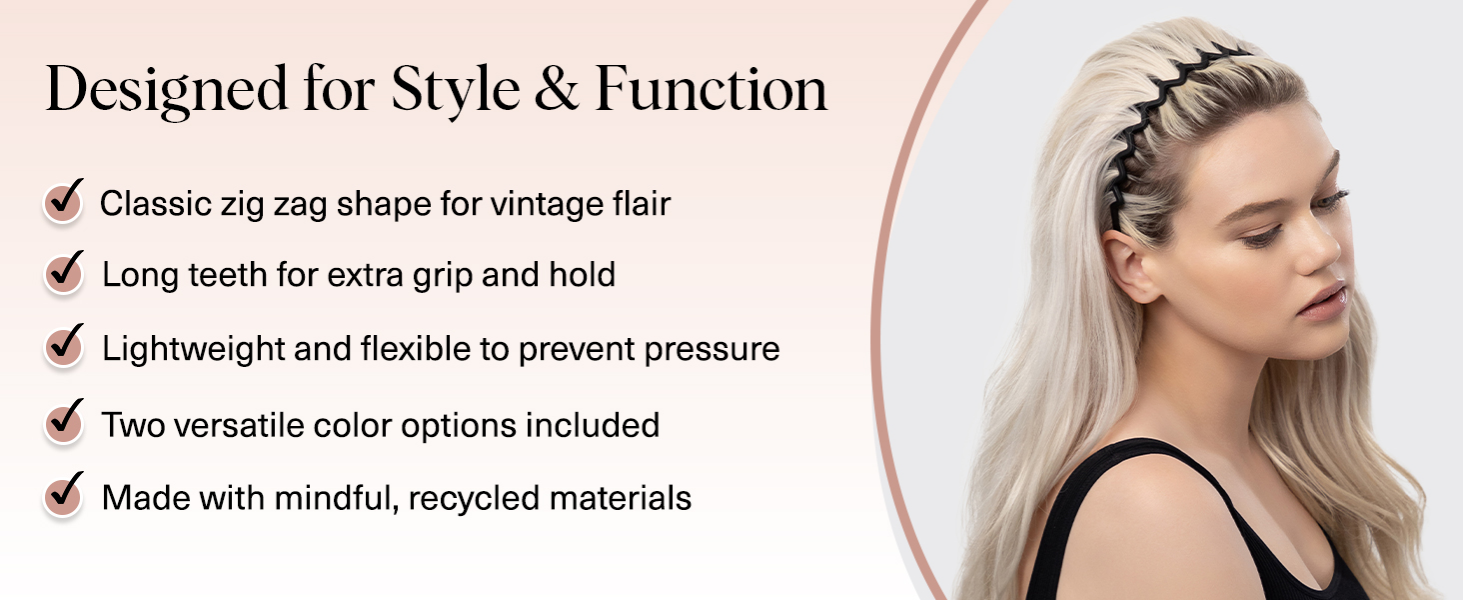 Kitsch Zig Zag Headbands for Women Non Slip – Fashion Accessories for Slicked Back Styles - Comfortable Comb Headband with Teeth | Ideal Gifts for Women - Tortoise & Black Headband - 2 pcs