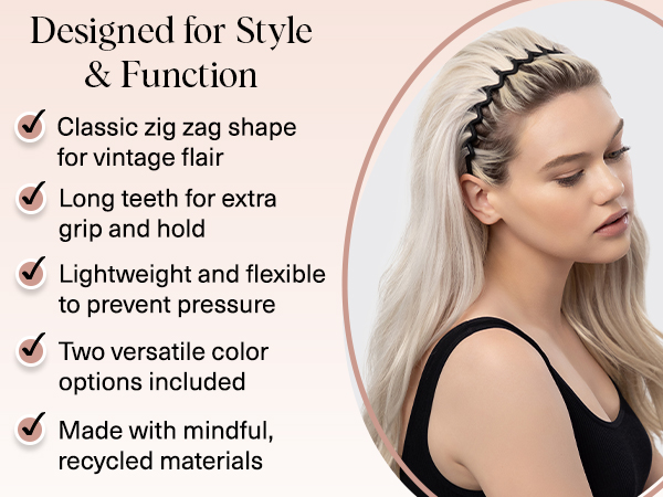 Kitsch Zig Zag Headbands for Women Non Slip – Fashion Accessories for Slicked Back Styles - Comfortable Comb Headband with Teeth | Ideal Gifts for Women - Tortoise & Black Headband - 2 pcs