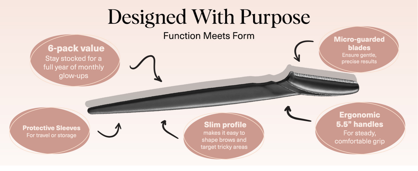 Kitsch Dermaplane Razor for Women Face &ndash; Face Razors for Women & Men, Eyebrow Trimmer & Face Shaver &ndash; Exfoliating Facial Razor & Skin Care Tool for Smoother Skin - Black, 6 pcs