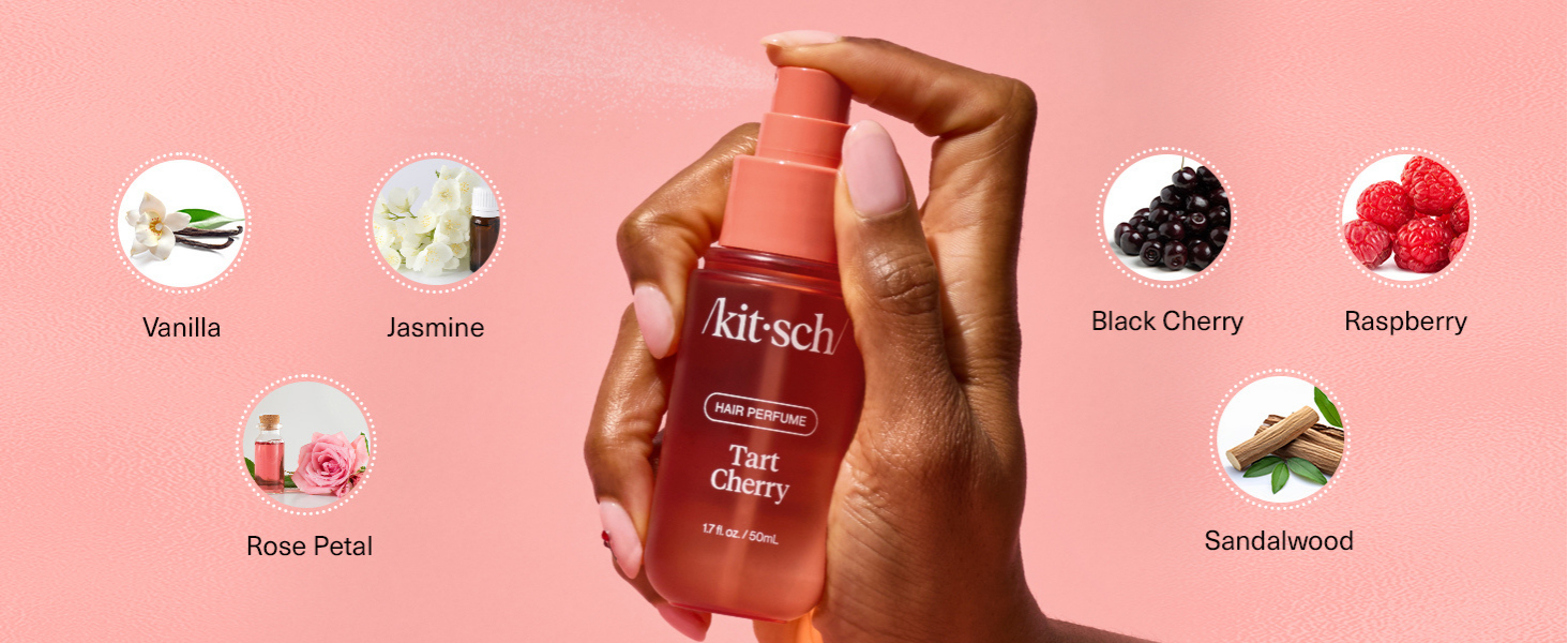 Kitsch Hair Perfume for Women - Tart Cherry | Clean, Deodorizing & Patented Odor-Eliminating Technology Hair Spray & Body Mist - Freshen Hair, Body & Pillows - Fruity Gourmand Scent & Vanilla - 50mL | For Women, Clean, Deodorizing, Freshen Hair, Body