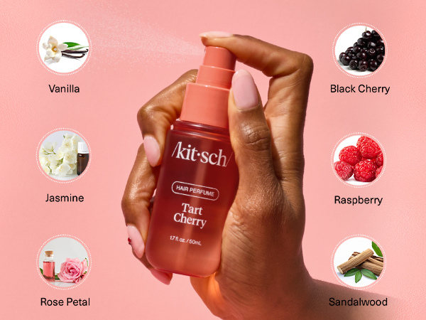 Kitsch Hair Perfume for Women - Tart Cherry | Clean, Deodorizing & Patented Odor-Eliminating Technology Hair Spray & Body Mist - Freshen Hair, Body & Pillows - Fruity Gourmand Scent & Vanilla - 50mL | For Women, Clean, Deodorizing, Freshen Hair, Body