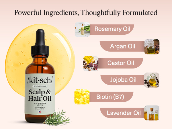 Kitsch Rosemary Oil for Hair Growth – Pre-Wash Hair Oil with Castor, Biotin, Jojoba – Hair Care, Adds Shine, Strengthens Roots, Scalp Treatment | Ideal Gifts for Women – Lavender Scent, 60mL