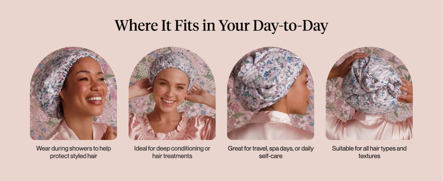 Bridgerton x Kitsch Satin-Lined Flexi Shower Caps for Women Reusable Waterproof - Large Wide Shower Cap for Women & Men, Adjustable, Stylish Hair Cap for Showers, For Long & Short Hair - Wisteria