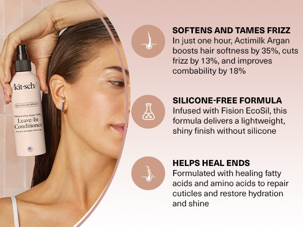 Kitsch Argan Milk Leave In Conditioner Spray – Hair Detangler Spray for Curly, Wavy, Fine, Dry & Damaged Hair - Silicone-Free | Ideal Gifts for Women