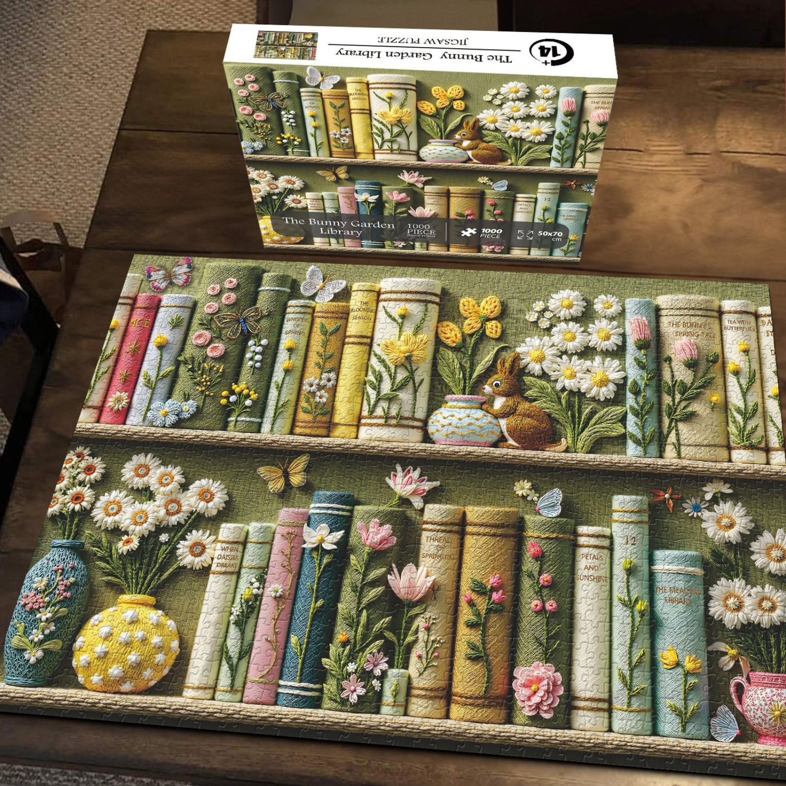 Spring Floral Bookshelf Puzzles for Adults 1000 Pieces, Challenging Bunny Garden Library with Flower and Butterfly, Vintage Botanical Book Spine Aesthetic Art Jigsaw Puzzle