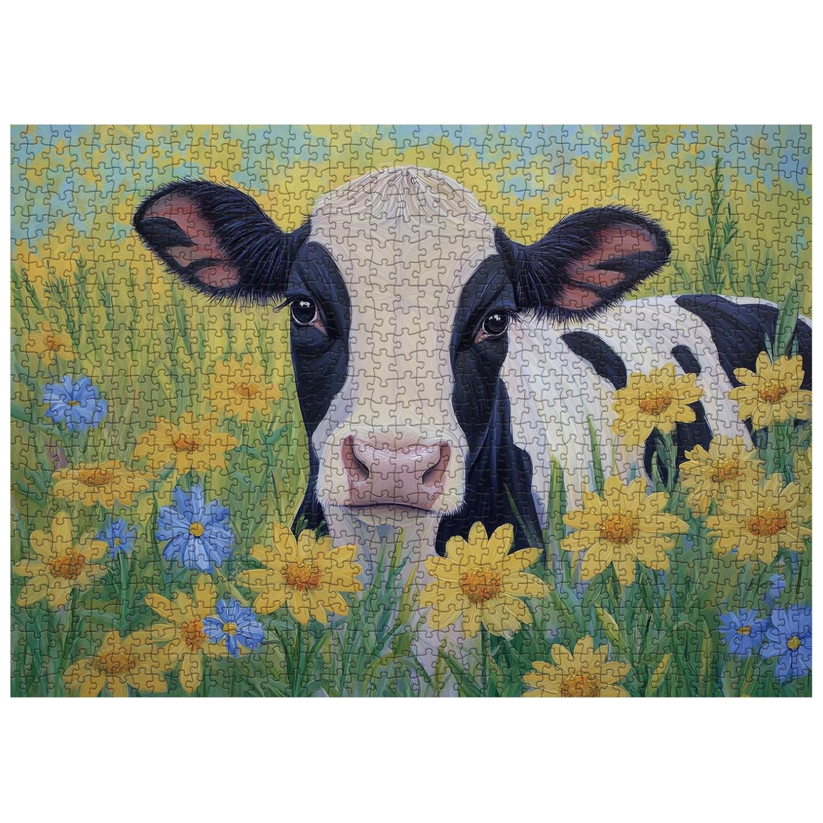 Sunflower Cow Painting Jigsaw Puzzle 1000 Piece for Adult, Animal Flower Plant Nature Jigsaw Puzzles, Funny Art Beautiful Landscape Puzzle