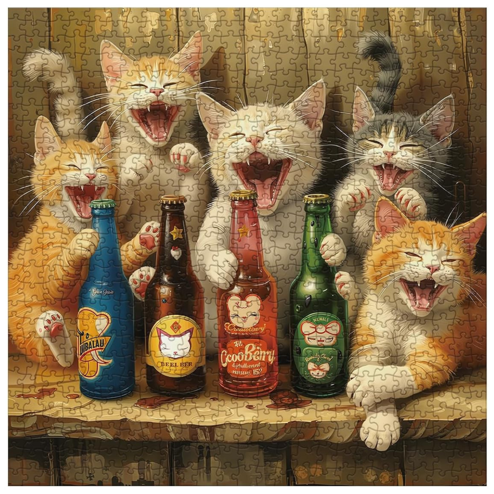 Cat Bottle Funny 1000 Pieces for Adults, Kitty Vintage Beer Jigsaw Puzzle, Cute Animal Liquor Bottle Art Puzzles
