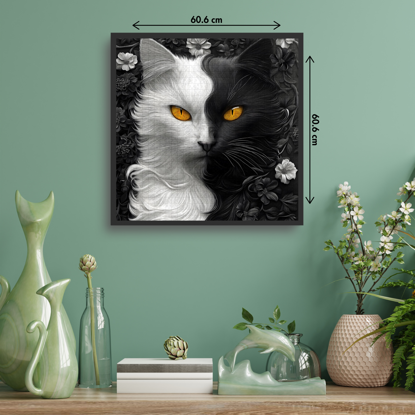 Yin Yang Cat Jigsaw Puzzle 1000 Pieces for Adults,Black and White Kitty Animal Flower Puzzle, Unique Kitten Puzzle,Impossible Difficult Hard Challenge for Adults, Cat Aesthetic Home Wall Decor