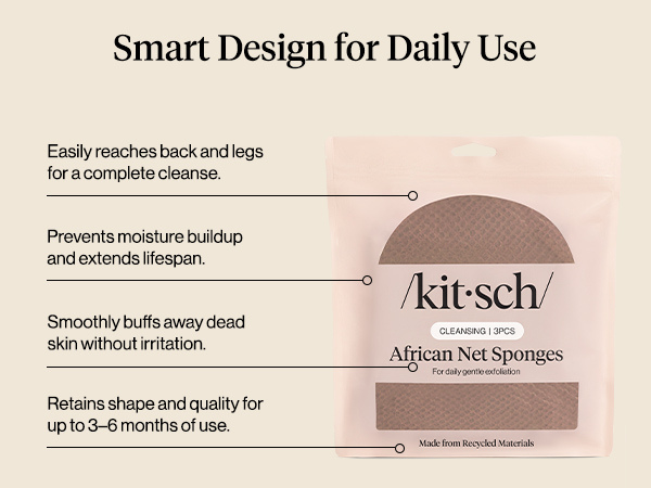 Kitsch African Net Sponge &ndash; Exfoliating Body Scrubber for Cleansing & Gentle Daily Exfoliation &ndash; Stretchable Bath Sponge for Hard-to-Reach Areas, Long-Lasting Shower Essential - Rosewood, 3 Pcs