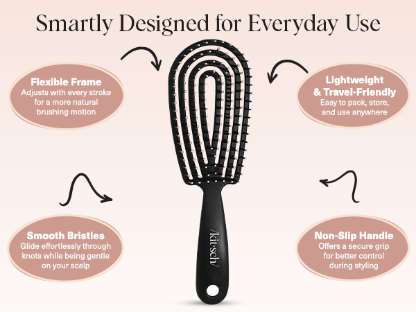 Kitsch Hair Brush Detangler – Flexi Flow Hair Brush for Women, Men & Kids | Detangling Brushes for Curly Hair with Bendable Frame, Bounce Curl Defining Brush for Wet or Dry Strands - Black