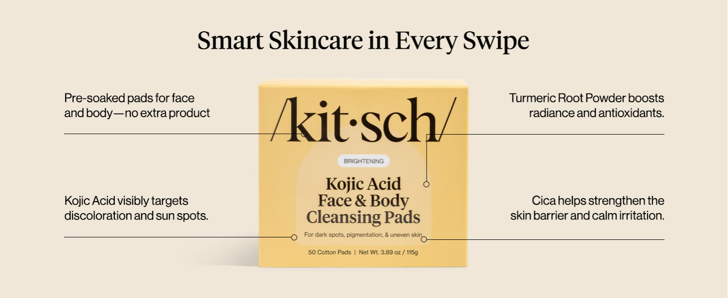 Kitsch Kojic Acid Cleansing Pads with Turmeric & Cica to Smooth, Refresh & Even Tone Skin Care &ndash; Exfoliating & Brightening Pre-Soaked Cotton Pads for Face and Body &ndash; 50 count