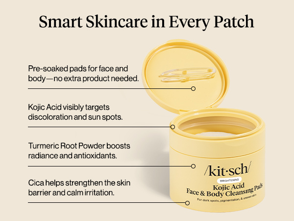 Kitsch Kojic Acid Cleansing Pads with Turmeric & Cica to Smooth, Refresh & Even Tone Skin Care &ndash; Exfoliating & Brightening Pre-Soaked Cotton Pads for Face and Body &ndash; 50 count