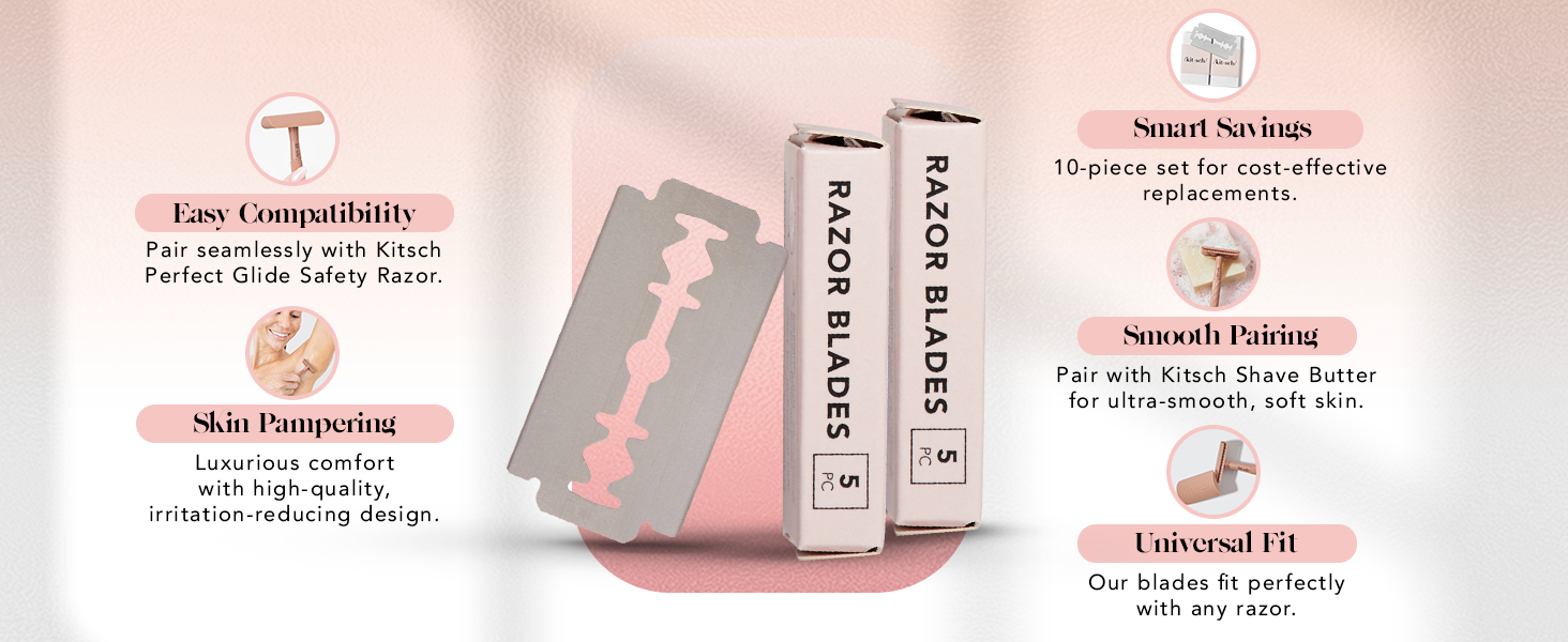 Kitsch Double Edge Razor Blades Refills – Safety Razor Blades for Smooth, Comfortable Shave – Stainless Steel Razor Refills for Safety Razors, Plastic-Free & Sustainable Shaving Blades - 10 Count