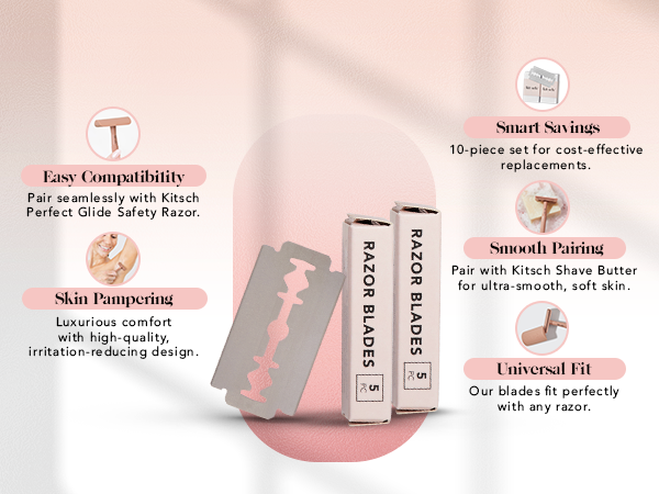 Kitsch Double Edge Razor Blades Refills – Safety Razor Blades for Smooth, Comfortable Shave – Stainless Steel Razor Refills for Safety Razors, Plastic-Free & Sustainable Shaving Blades - 10 Count