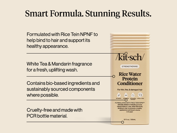 Kitsch Strengthening Rice Water Protein Conditioner for Women & Men &ndash; Hair Care for Thin, Fine & Damaged Hair, Boosts Shine & Volume &ndash; Paraben, Phthalates & Silicone Free