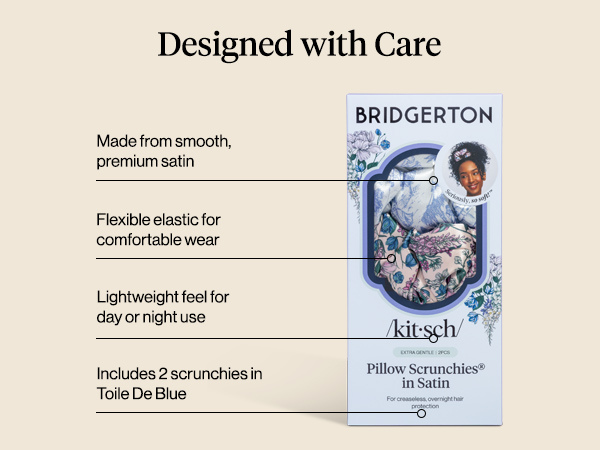 Bridgerton x Kitsch Satin Scrunchies for Women, No Snag, No Tugging, Soft & Comfortable Scrunchies for Girls, Perfect for Day or Night | Ideal Gifts for Women - Toile De Blue, 2pcs