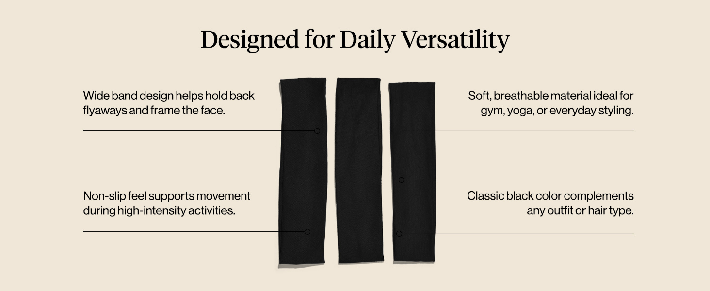 Kitsch Headbands for Women Non Slip - Running Headbands for Girls, Ideal for Working Out, Yoga, Gym, or Lounging | Stretchy Head Bands | Fashion Hair Accessories - Black, 3pcs