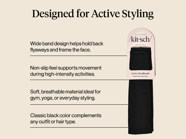 Kitsch Headbands for Women Non Slip - Running Headbands for Girls, Ideal for Working Out, Yoga, Gym, or Lounging | Stretchy Head Bands | Fashion Hair Accessories - Black, 3pcs