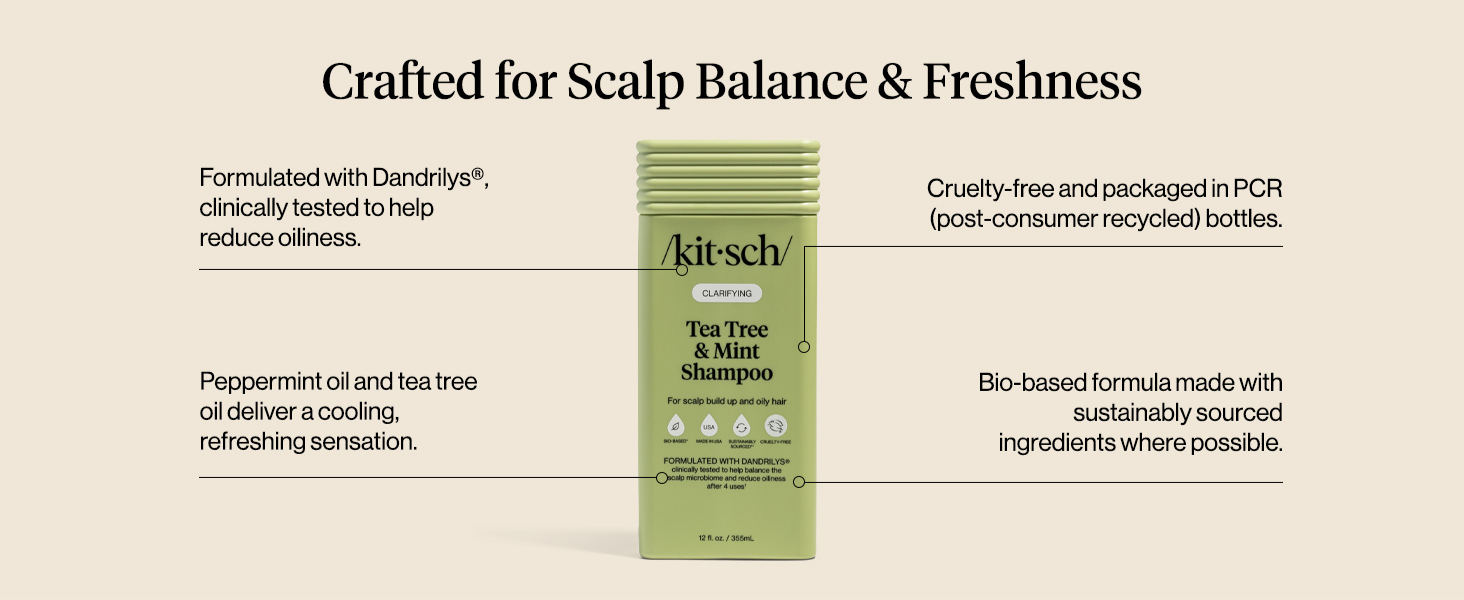 Kitsch Clarifying Tea Tree & Mint Liquid Shampoo for Men and Women – Clarifying Shampoo with Peppermint & Tea Tree Oil for Oily Hair & Scalp Buildup – Clean Color-Safe Hair Care, Made in USA