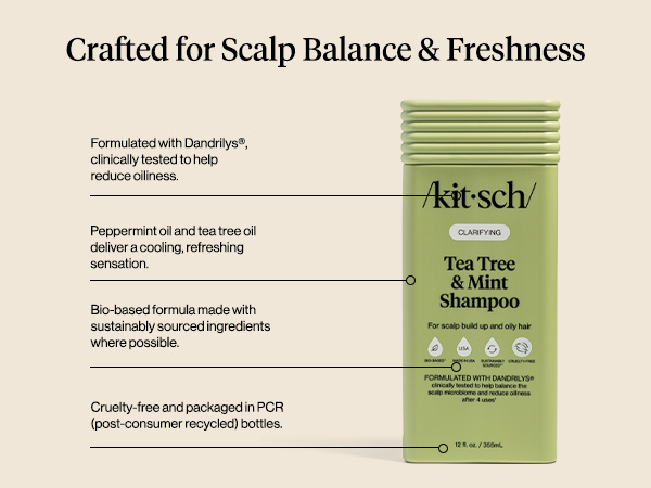 Kitsch Clarifying Tea Tree & Mint Liquid Shampoo for Men and Women – Clarifying Shampoo with Peppermint & Tea Tree Oil for Oily Hair & Scalp Buildup – Clean Color-Safe Hair Care, Made in USA