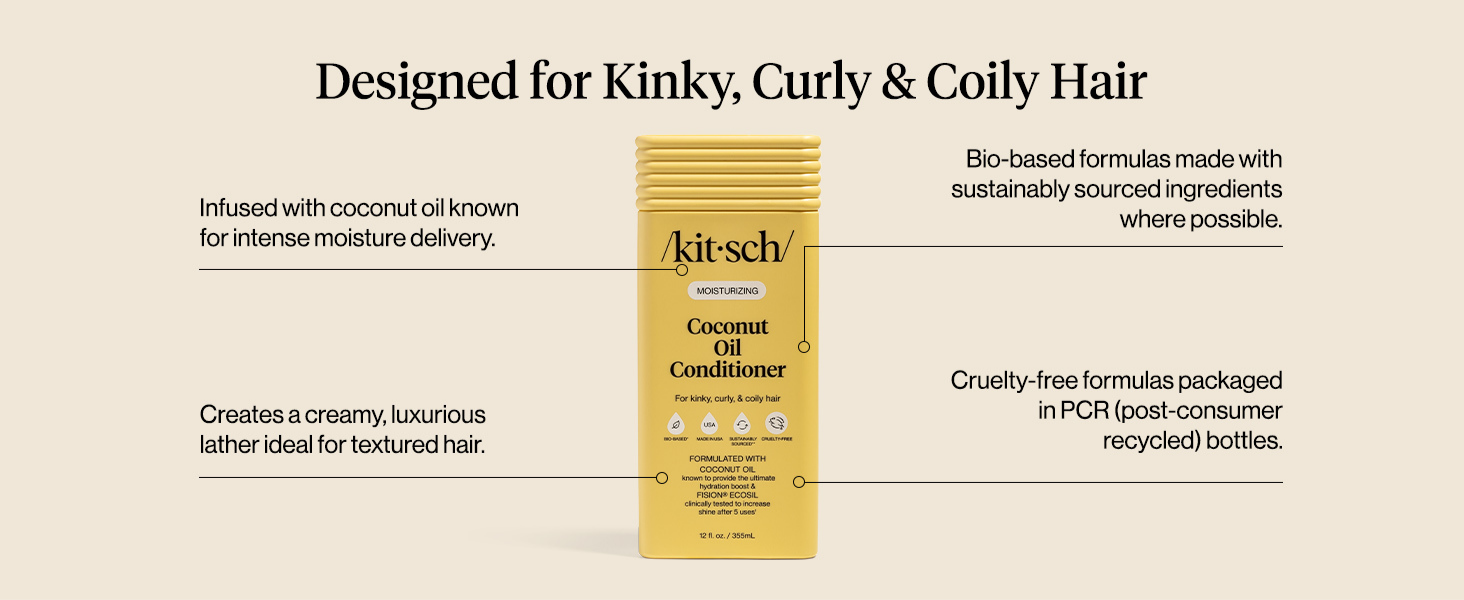 Kitsch Moisturizing Coconut Oil Liquid Conditioner for Women & Men &ndash; Coconut Oil Hair Conditioner for Kinky, Curly & Coily Hair &ndash; Deep Moisture, Shine & Manageability, Color-Safe Hair Care