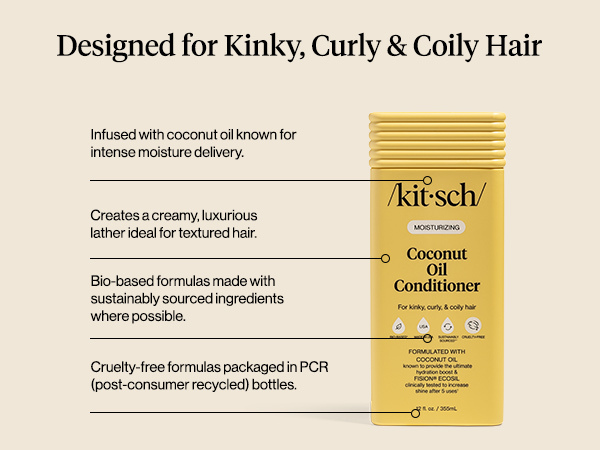 Kitsch Moisturizing Coconut Oil Liquid Conditioner for Women & Men &ndash; Coconut Oil Hair Conditioner for Kinky, Curly & Coily Hair &ndash; Deep Moisture, Shine & Manageability, Color-Safe Hair Care