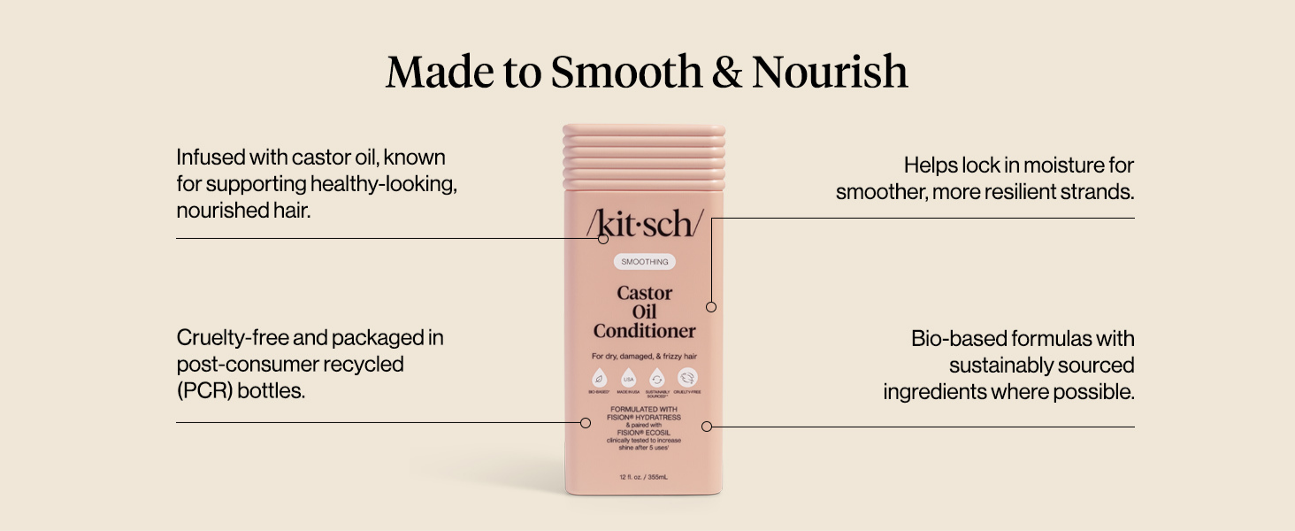 Kitsch Smoothing Castor Oil Liquid Conditioner for Women and Men &ndash; Nourishing Hair Conditioner for Dry, Damaged & Frizzy Hair &ndash; Clean, Color-Safe Hair Care, Bio-Based Formula, Made in USA